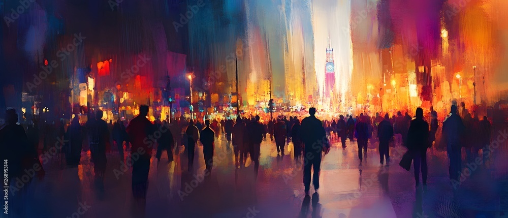 Poster mesmerizing night cityscape with vibrant crowd silhouettes and captivating illumination pulsating ci