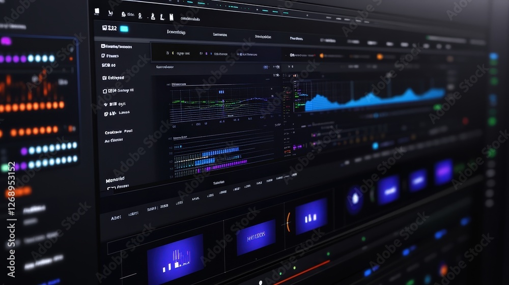 Poster a real-time data dashboard in a control center, showing live feeds of server performance, network ac