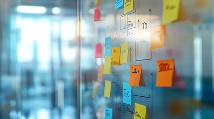 A to-do list written in marker on a glass board, with post-it notes and brainstorming elements around it
