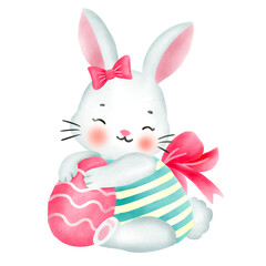 Easter theme , Cute bunny holding an Easter egg with a pink bow on a black background.