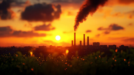 Obraz premium Industrial Plant Emitting Smoke at Sunset Silhouette in Orange Sky