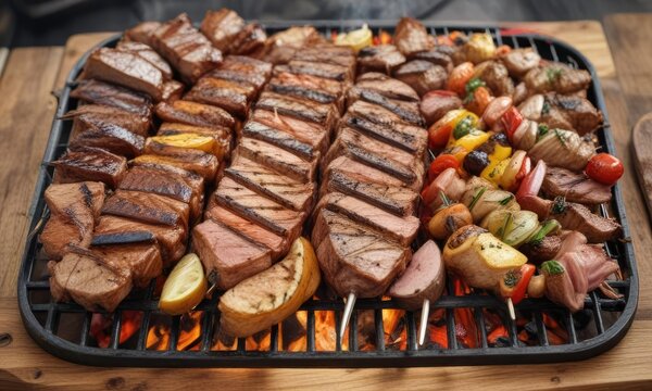 Colorful array of grilled meats on a large wooden grill, BBQ, grill