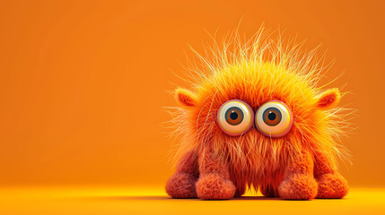 Fototapeta premium Cute orange furry monster isolated on a orange background