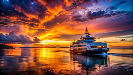Naklejka premium Golden Hour Ferry Crossing: Dramatic Sunset Silhouette