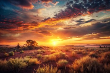 Golden Hour Landscape: Serene Smoky Sky & Earth Tones - Stock Photo
