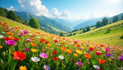 Fototapeta premium Vibrant wildflowers carpet sun-drenched hills , environment, scenic