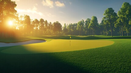 Naklejka premium Vibrant golf course embracing early sunlight wallpapers
