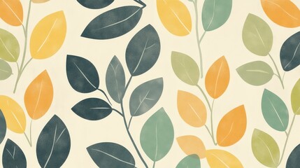A repeating pattern of stylized leaves in muted tones of green, yellow, and brown, creating a calm, nature-inspired aesthetic perfect for environmental or organic branding