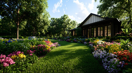 Fototapeta premium Lush Garden with Colorful Flowers and Traditional House Exterior in Summertime