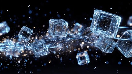 Futuristic metallic ice cubes in motion against a black background  a dynamic abstract illustration