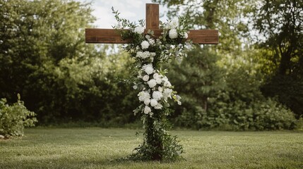 Elegant Wooden Cross Decorated with White Flowers in Natural Setting