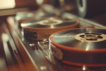 Close up view of vintage film reels and tape showcasing the intricate details of classic recording technology. Generative AI