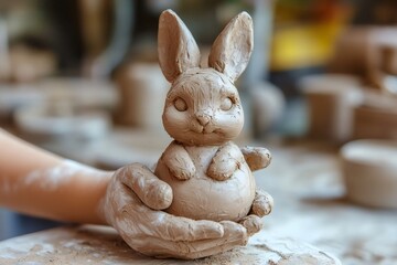 Potter creating clay rabbit figurine in workshop