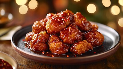 A close-up of General Chicken, highlighting the perfect balance of crispy battered chicken and a thick, glossy sweet and sour sauce, garnished with red chili flakes 