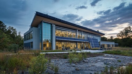 Obraz premium A research facility focused on renewable energy, where scientists work with solar panels, wind turbines, and hydroelectric systems to harness sustainable power.