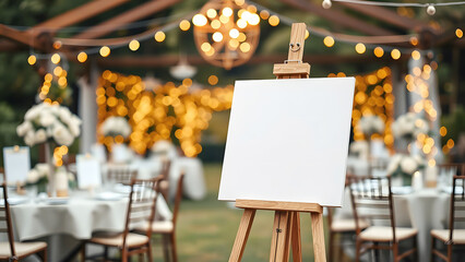 Elegant wedding reception with blank canvas on easel for personalized and creative event design projects