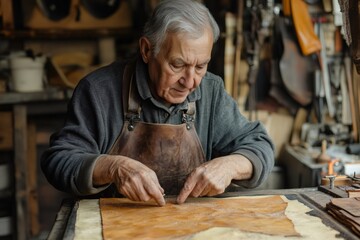 Shoemaker working leather in traditional workshop