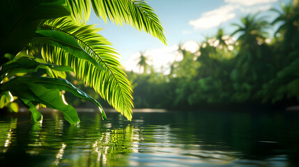 Lush Green Ferns Overhanging Reflective Water In a Tropical Forest Environment During Daytime