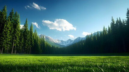 Fototapeta premium Lush Green Field Surrounded by Evergreen Trees With Distant Mountains Under a Bright Blue Sky