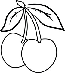 Monochrome illustration of two cherries attached to stems with leaves, perfect for coloring activities, botanical designs, or decorative projects.