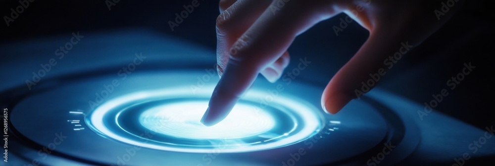Poster Robotic hand reaches out to engage a glowing virtual control button in a futuristic environment. Generative AI