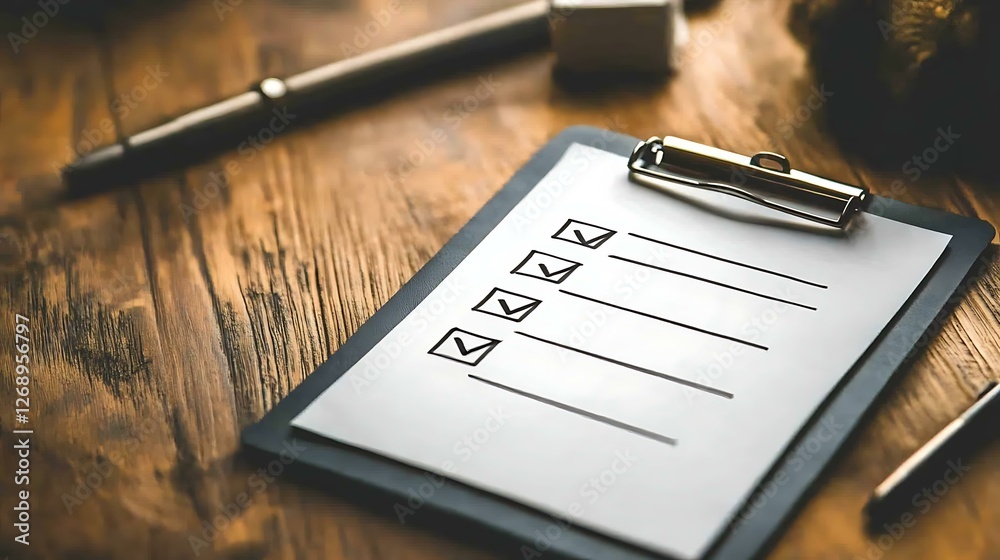 Leinwandbilder a clipboard with a checklist placed on a wooden desk, with a pen resting on top, representing task o