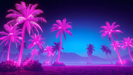 Naklejka premium Neon pink palm trees with a vibrant sunset background for tropical and retro themed design projects