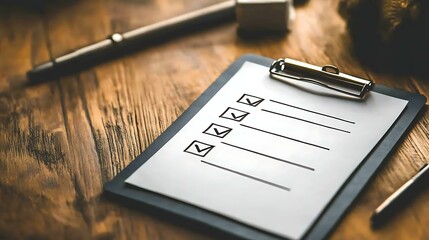A clipboard with a checklist placed on a wooden desk, with a pen resting on top, representing task organization