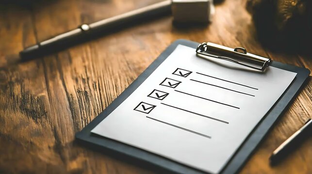 A clipboard with a checklist placed on a wooden desk, with a pen resting on top, representing task organization