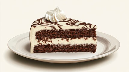 Chocolate Cake Slice with Whipped Cream on a Simple Plate