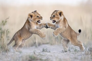 Two lion cubs playing and fighting in the african savanna