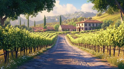 Naklejka premium A road cutting through a lush vineyard, with rows of grapevines on either side.