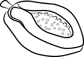 Simple black and white line art of a halved papaya, showcasing seeds and details.