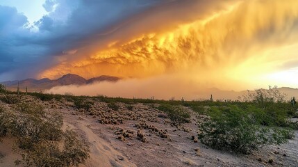 Obraz premium A dust storm sweeping across a desert landscape, reducing visibility.