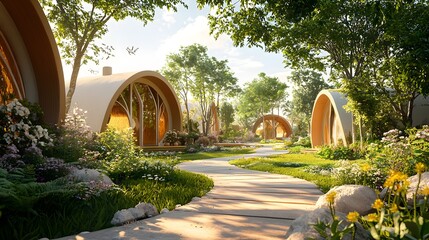 idyllic pathway meandering through a cluster of charming, arched cottages nestled within a vibrant, green landscape