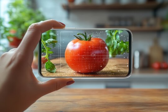 Close up of a hand with futuristic smartphone showing augmented reality info about a ripe tomato
