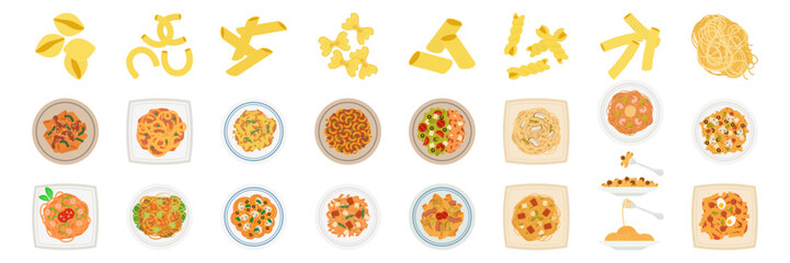Colorful pasta dishes with various toppings. Flat Vector Illustration Pasta and Salad Combinations Set