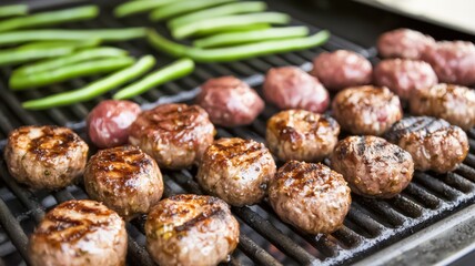 Grilled meatballs and green peppers sizzling on a barbecue grill, showcasing a delicious summer cooking scene.