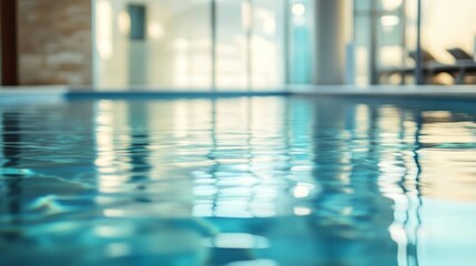 Calm indoor swimming pool with crystal clear water under soft lighting