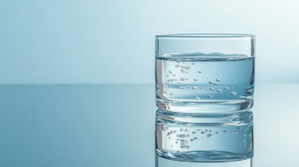 Clear glass of sparkling water with bubbles on reflective surface