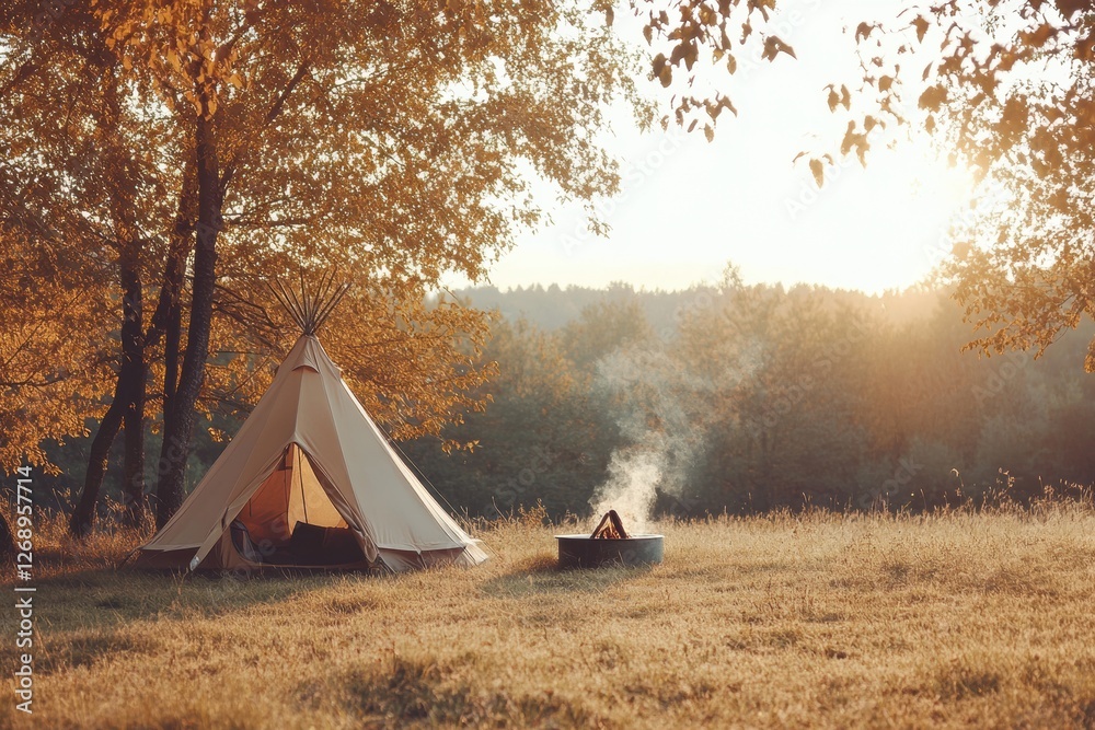 Poster cozy campsite set up at sunset with a fire pit and a tent surrounded by autumn trees. generative ai