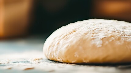 A close-up of dough resting on a floured surface, showcasing its texture and soft appearance in a warm kitchen setting.