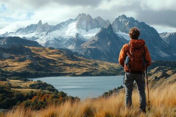 Fototapeta premium Hiker enjoying the view of the mountains and lake in patagonia, argentina