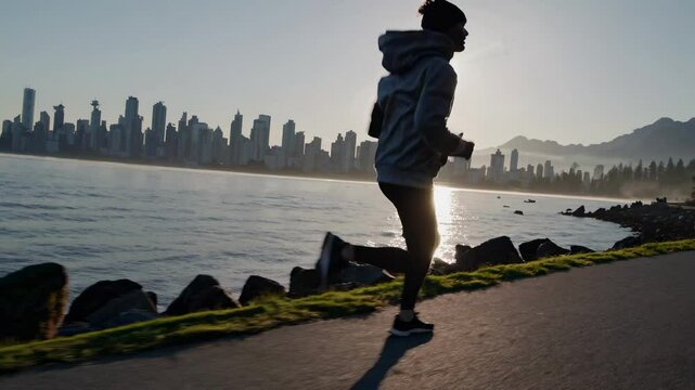 Silhouette of a person jogging along a waterfront path at sunrise, city skyline in the background. Low-angle video captures dynamic movement.