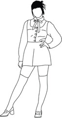 Elegant black and white drawing of a confident woman wearing a trendy vintage-style outfit, featuring a blouse and skirt