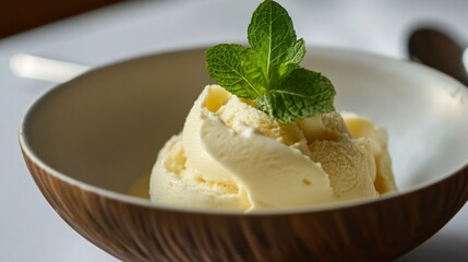 Vanilla ice cream scoop with mint leaf in wooden bowl