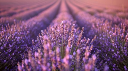 Vast lavender fields at sunset with rows of blooming purple flowers