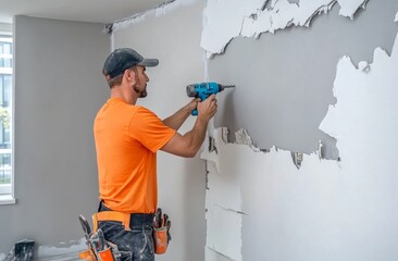 Worker in orange t shirt dismantles white kitchen cabinets with blue drill in modern interior design