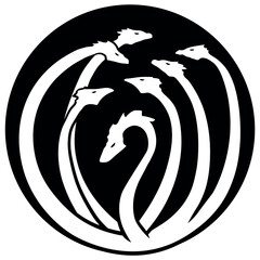 Black and white Hydra design featuring symmetrically arranged serpent heads