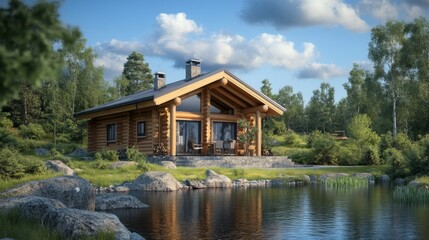 Fototapeta premium Cozy wooden cabin by serene lake in lush forest setting